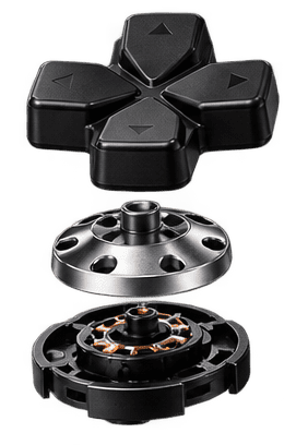 A GameCosmos metal D-pad shown above its machined plate and rotating base mechanism