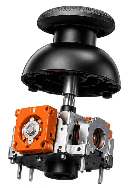 A GameCosmos Hall Effect thumbstick module shown with its cap and housing lifted away from the magnetic sensor block