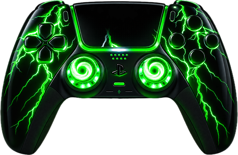 Controller with green lightning artwork and lit thumbsticks