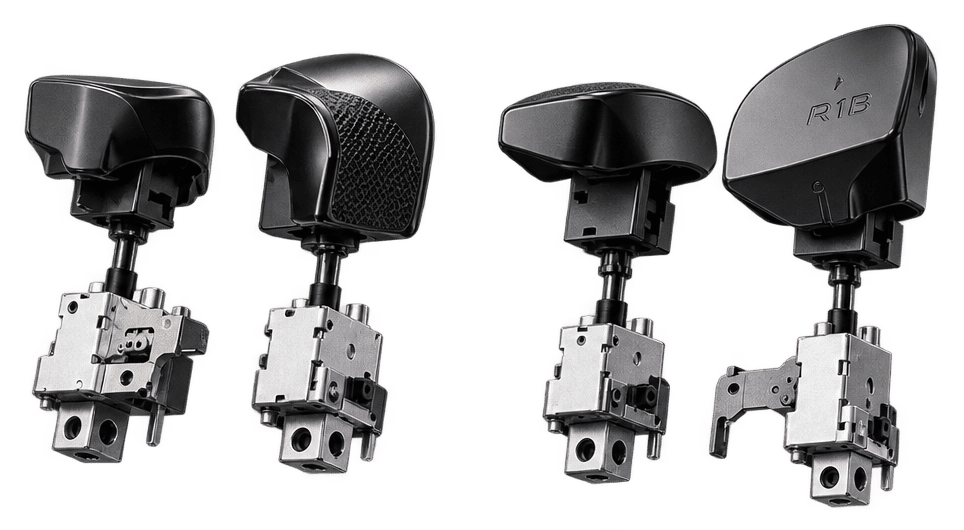 Four GameCosmos mouse-click trigger assemblies with their metal microswitch mechanisms exposed