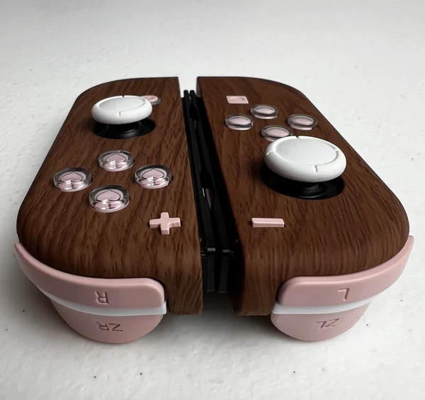 Cute Woodgrain Theme - Pink Hearts Pink Accents - Custom Joycons for the Nintend Switch