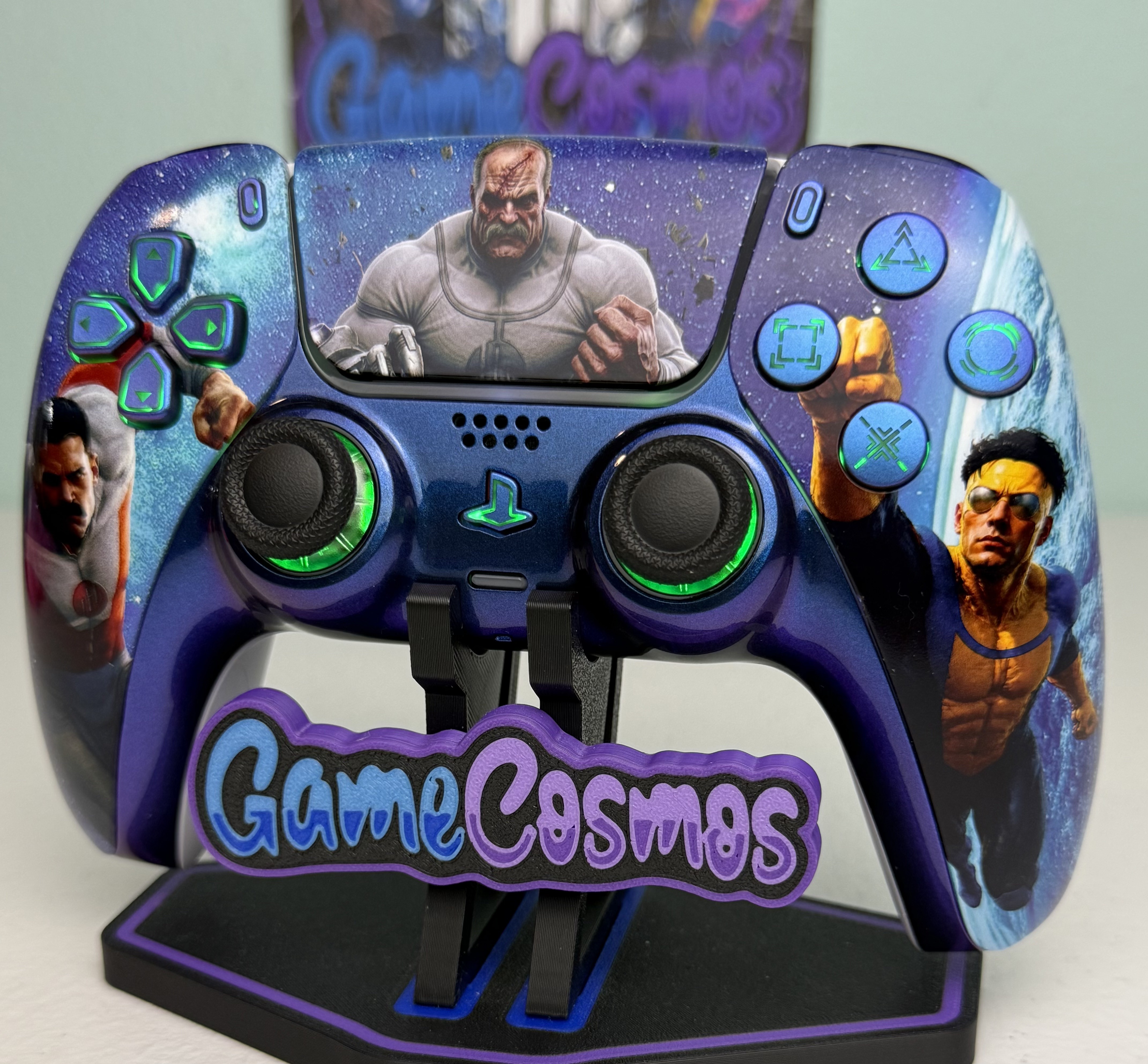 Comic book superhero custom PS5 controller with seven-color RGB lighting