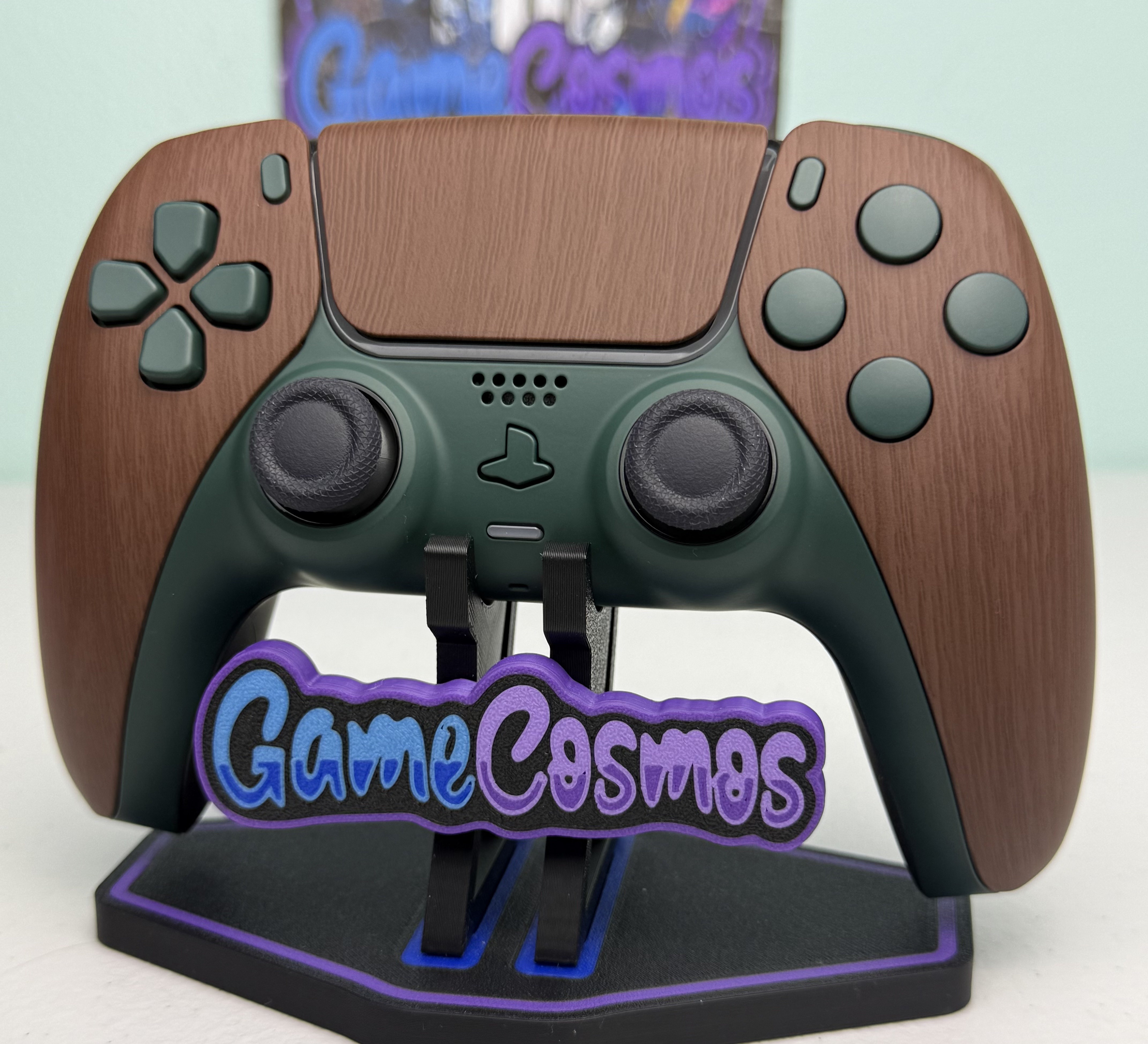 Pine Green and woodgrain finish on a custom PS5 controller