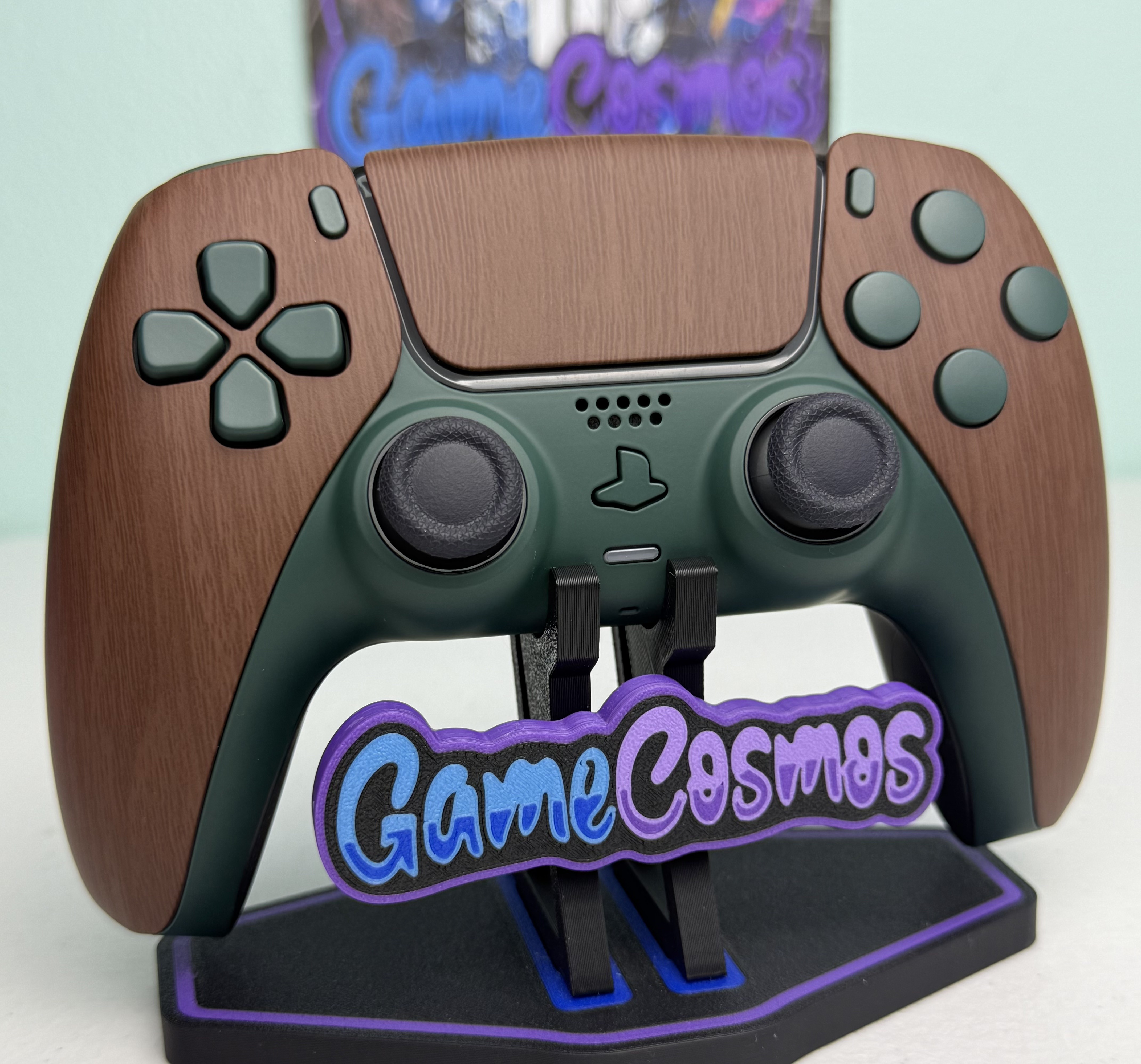 Custom PS5 controller with Pine Green soft-touch shell and woodgrain accents