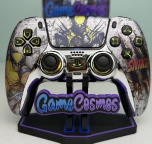 Custom Wolverine RGB LED PS5 controller with X-Men comic artwork, SNIKT graphic and chrome-style accents