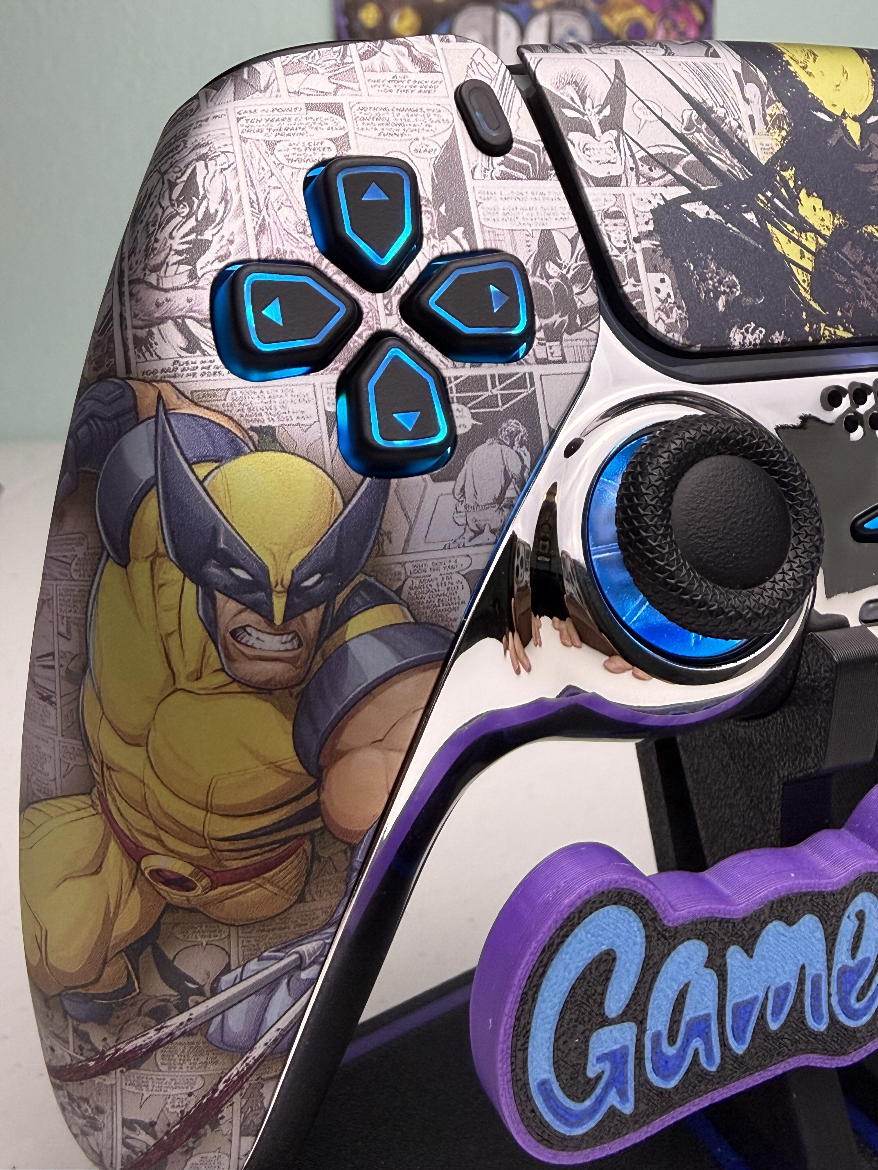Side detail of Wolverine custom PS5 controller with comic-inspired shell and RGB LED controls